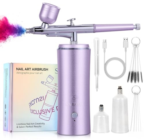 SAVILAND 30 PSI Airbrush Set mit Kompressor, Tragbares Handheld Dual Action Airbrushpistole, Verstopfungsfrei, 850 mAh Wiederaufladbares Airbrush für Nageldesign Make-up Kuchendekoration und Salon