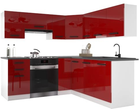 Belini Italia 6 Eckküche Küchenblock 360cm Rot | Küchenset als Eckküche, weiße Korpusse, DECOR ECONATURA Material, kratzfest, ohne Elektrogeräte, mit Arbeitsplatte