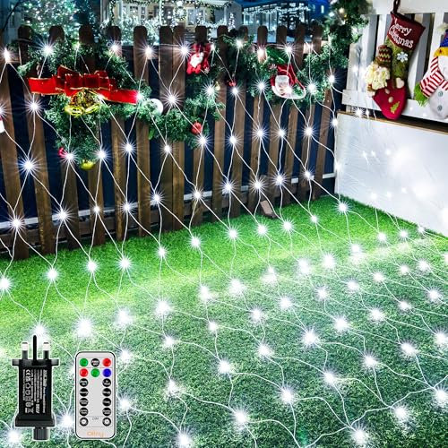 Ollny Net Lights Outdoor Indoor, 200 LED 3m x 2m Mesh Fairy Lights Plug in, Waterproof String Lights with 8 Light Modes/Timer/Remote for Xmas Tree/Outside/Curtain/Window/Garden Decoration, Cool White