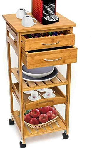 Bakaji Chariot cuisine multi-usages en bois de bambou 3 étagères avec plan Plateau amovible 2 tiroirs avec range couverts Porte-capsules