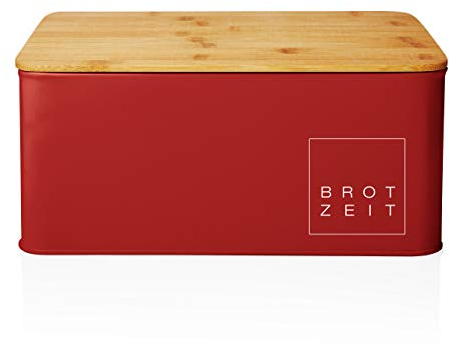 Lumaland Boîte à Pain - Corbeille à Pain Rectangulaire Cuisine en métal pour Une fraîcheur Durable - Couvercle/Planche à découper en Bambou de Haute qualité - 30,5 x 23,5 x 14 cm - Rouge