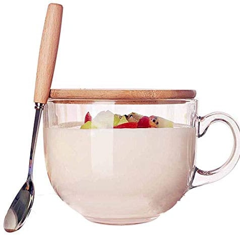 TAMUME 470ml Coppa in Vetro Microwavable con Coperchio in Legno, Include un Cucchiaio con Manico in Legno, Tazza Caffè Vetro