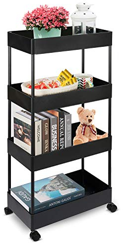 Slim Storage Cart 4-Tier Rolling Utility Storage Cart, Mobile Shelving Unit Rolling Bathroom Carts, Slide Out Storage Shelf Rack for Kitchen Office Bathroom Laundry Room Narrow Places