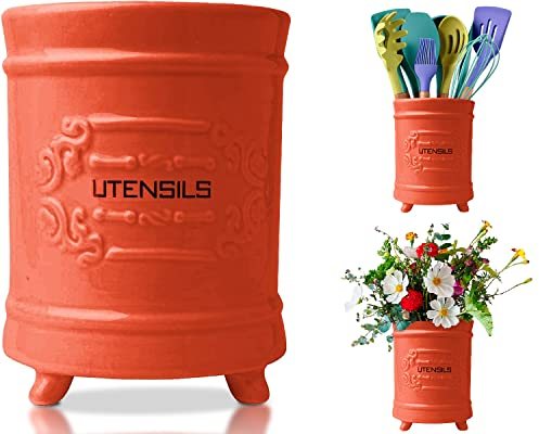 Porte-ustensiles en céramique française - Caddy d'ustensiles de Cuisine de Style Vintage - Organisateur d'ustensiles de Cuisine au Design Antique - Pot à ustensiles Rustique - Corail