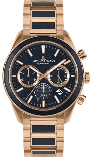 JACQUES LEMANS Herrenuhr, Eco Power Uhren Männer, Chronograph aus massivem Edelstahl mit Apfel-Leder Armband, Model 1-2115