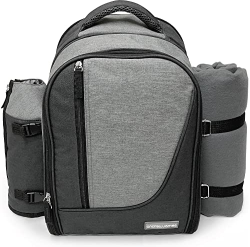 Andrew James 4-Person Picnic Bag with Insulated BottleCooler & Blanket - Perfect for Outdoor Picnics, Camping, and Beach Days - Durable, Compact and Stylish Picnic Set with Glasses, Plates, Cutlery