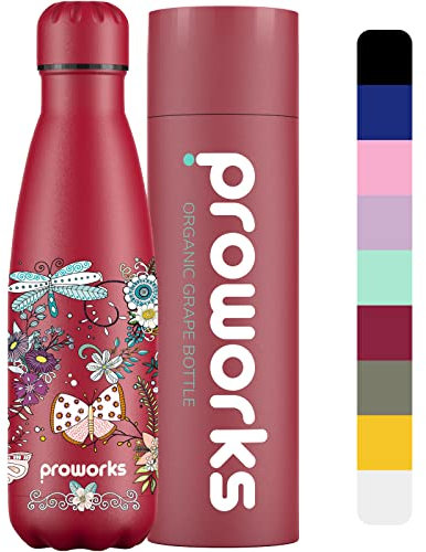 Proworks Edelstahl Trinkflasche | 24 Std. Kalt und 12 Std. Heiß - Vakuum Wasserflasche - Isolierflasche für Sport, Laufen, Fahrrad, Yoga und Camping - 1 Liter - Bio-Traube - Schmetterlingsschönheit