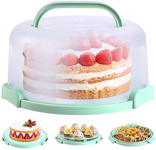 Ohuhu Cake Carrier with Handle, Portable Round Cake Container for 10 Inch Cake, Cake Box with Plastic Cover Two Sided Base for Pies Nuts Fruit, Great Gift for Women