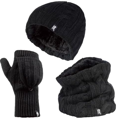 HEAT HOLDERS - Ladies thermal winter warm fleece cable knit Hat, Neck Warmer and Converter Gloves set (Black)