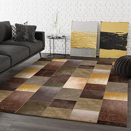 Rururug Designer Teppich Quadratisch Kurzflor Moderner Orientteppich Klassisch Gemustert Ornamente für Wohnzimmer Schlafzimmer Kinderzimmer, Geometrische Musternähte in Gelb-Braun-Grün 200 x 200 cm