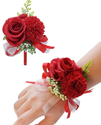 JULAN Set di 2 bouquet da polso con rose, con spille, fiore per mano della sposa e sposo, set per fiori da sposa, bouquet artificiale fatto a mano, per feste di nozze e balli (2 pezzi, rosso)