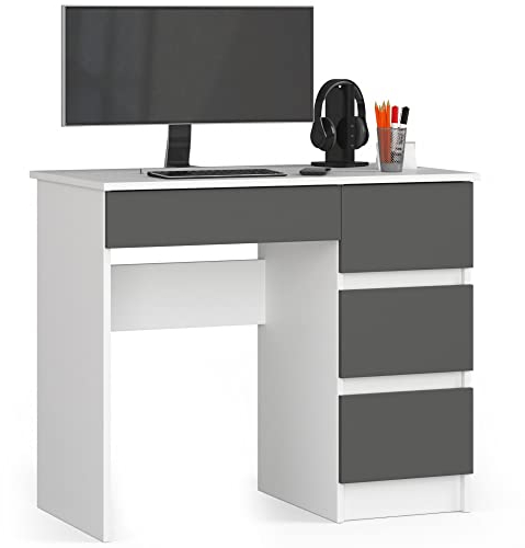 AKORD Schreibtisch A7 90 cm | 4 Schubladen Rechts | Computertisch | Für Zuhause | Für das Büro | Für die Arbeit | B90 x H77 x T50 cm | Gewicht 30,50 kg | Weiß/Graphitgrau