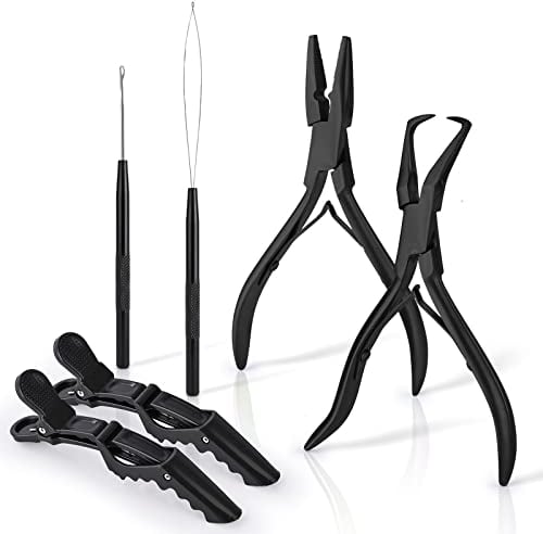 EHDIS Haarverlängerungs Kit, mit 2 Zangen für befestigen und entfernen Microring Extensions, 1 Zughakens, 1 Schlaufeneinfädlers, 2 Haarspangen, Microring Haarverlängerung Set, Schwarz