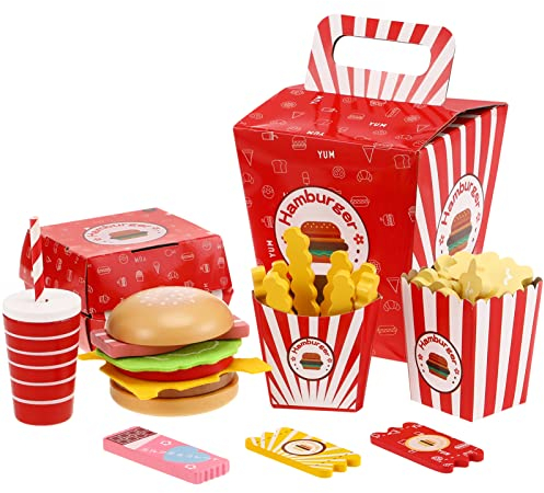 TOYANDONA Wooden Fast Food Burger Fries Deluxe Dinner Set Age 12+, Kitchen Pretend Play Accessories Toy, Realistic Burger Fries Pretend Play Food Set Toy House Props Educational