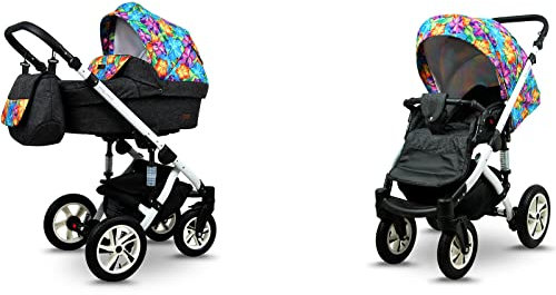 BabyLux® Sky Lark 2-in-1 Baby Kinderwagen Tief und Kinderwagen mit Zubehör Verstellbar und faltbar Aluminiumkonstruktion Wasserdicht Nicht abnehmbare Räder Paint Flowers White Frame