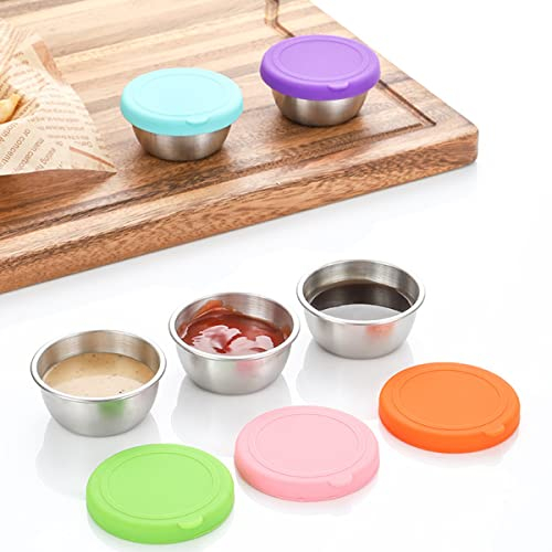 Juego de 6 Recipientes para Salsas de Acero Inoxidable con Tapa de Silicona 50ml Recipientes para Alimentos Reutilizables A Prueba de Fugas para Llevar y Picnics Apto Microondas y Lavavajillas