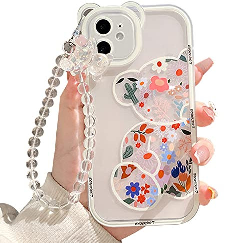 NITITOP Compatible for iPhone 11 Case Cute Clear Floral Flower for Girls Women Pattern with Chain Soft TPU Shockproof Protective Girly-Bear