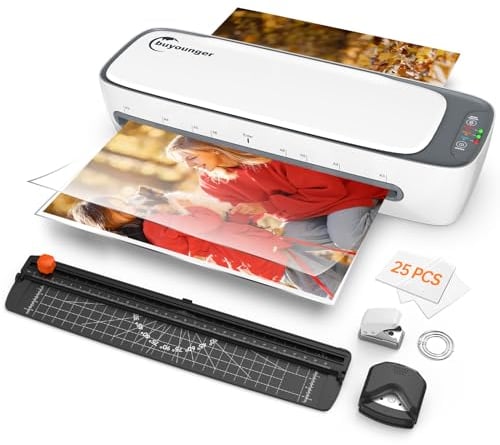 Buyounger Laminator, A3 Laminator Machine with 25 Pouches Thermal and Cold for A3 A4 A5 A6, 13 Inches Laminating Machine with 60s Warm-up for Home School Office