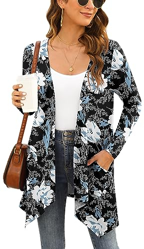 Yommay Strickjacken für Damen Elegante Langarm Damen Lässig Licht Cardigan High Low Saum mit Taschen,Floral Weiß Lily,Groß
