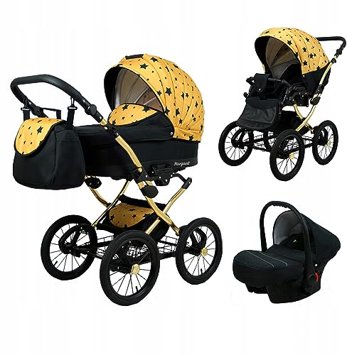 BabyLux® Bambimo Kinderwagen Set 3 in 1 - Margaret Gold - incl. Babywanne, Buggy Sportsitz, Auto-Babyschale - Autositz - Kinderwagenset - Kombikinderwagen mit Wickeltasche, Regenschutz usw.