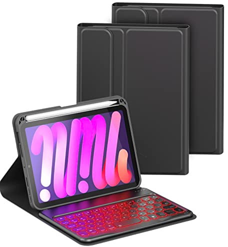 HLTOOP Tastaturhülle für iPad Mini 6 2021 (8,3 Zoll), 7-farbige Hintergrundbeleuchtung, magnetisch abnehmbare kabellose Bluetooth-Tastatur, weiche TPU-Rückseite mit Stifthalter, Schwarz
