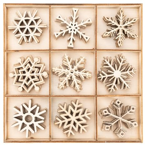 Ideen mit Herz Streu-Deko aus Holz | Eiskristalle 2 | Schneeflocken | Holz-Motive Weihnachten | Winter-Deko | Tisch-Deko | Inklusive Holz-Box | 9 versch. Designs, je 7 Stück | 63-teilig