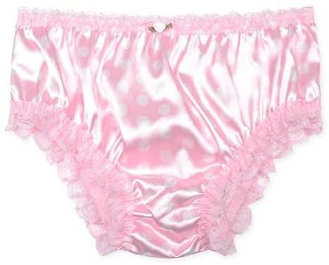 Satini Satin Dentelle froufroutante efféminé Shorty Slips Culottes sous-vêtements (Rose Clair - Pois, M)