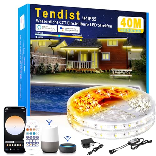 TENDIST 40M LED Strip Aussenbereich Warmweiß bis Kaltweiß Einstellbar, 24V Wasserdicht Alexa Kompatibel Weiß Led Band, Außen LED Lichtschlauch für Küche, Pavillon Beleuchtung