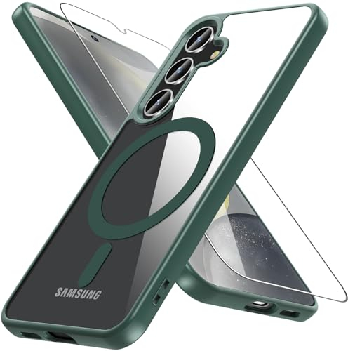 Hensinple für Samsung Galaxy S25/S24 Hülle für Magsafe mit Panzer Schutz Glas,Magnetisch Handyhülle Samsung S25/S24 Stoßfest Schutz Dünn Transparent Outdoor Schutzhülle Case für S25/S24 Grün