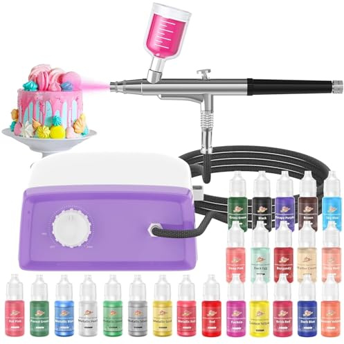 Cake Decorating Kit with 24 Food Coloring, 2026 Upgraded Cookie Decorating Kit with Suction Cups, Dual Action Stepless Speed Airbrush Decorating Kit with Compressor, Food Airbrush Set for Cake, Dessert