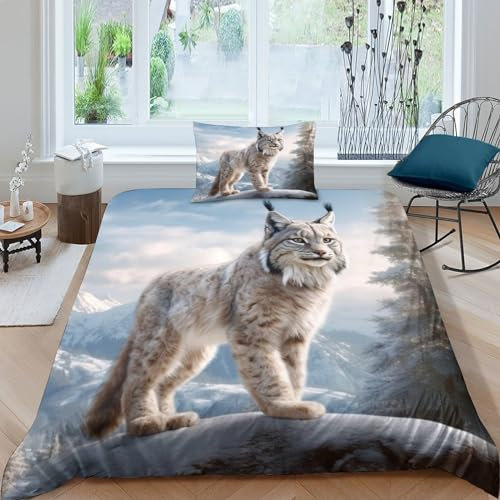 QMena Bobpussypussycat Bed Linen Sets Luchs Bettbezug Microfaser Baumwolle Bettwäsche Set Mikrofaser Mit Reißverschluss Für Erwachsene Und Kinder Single（135x200cm）