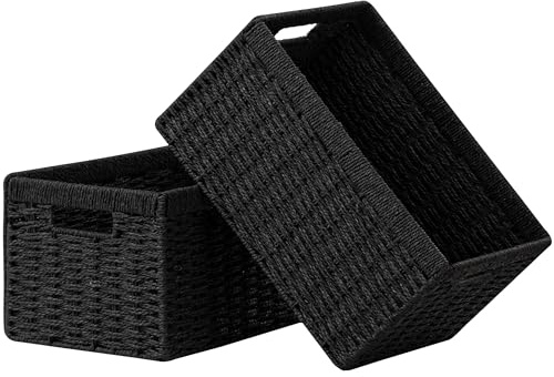 UBBCARE 2 Pack Wicker Basket, 13.4L×8.3H×7.1W inch Woven Paper Rope Storage Baskets for shelves, Foldable Rectangular Storage Baskets with Handle, Storage Basket for Organizing, （Black,2pack Medium）
