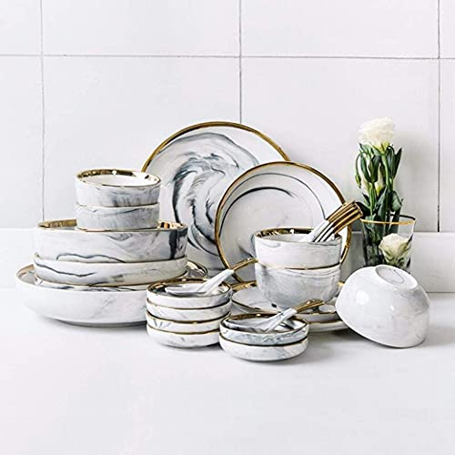 OrLtL Vajilla De Cerámica,26 Piezas Phnom Penh Juego De Vajilla De Cerámica De Mármol Gris Tazón De Porcelana Plato Cuchara Vajilla Servicio Combinado para 6 Personas