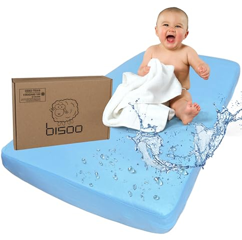 Bisoo Spannbettlaken 75x100 cm für Lauf, Krabbelgitter und Reisebett - wasserdichte Leintuch Matratzenschoner für Laufgitter Baby - 100% Baumwolljersey Öko-Tex - 1 Stück Blau 100x75 cm