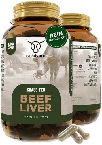 Carnivoro Rinderleber Kapseln - Multivitamin - Grass Fed Beef Liver - 240 Stück - 30 Tage Packung - Superfood - Natürliches Eisen, Vitamin A, Vitamin B12, B2, B3, B5, Folat, Kupfer - Keto - Paleo
