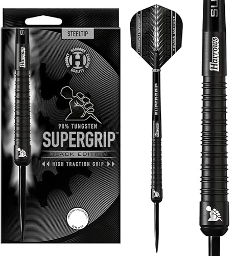 Harrows SUPERGRIP Black Edition Dartset mit 90% Wolframstahlspitze. Erhältlich in 21 g, 22 g, 23 g, 24 g, 25 g, 26 g, 28 g und 30 g – inklusive Supergrip-Schäften und Supergrip-Flights (24 Grams)