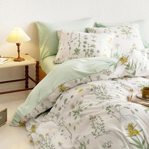 Lanqinglv Bettwäsche 155x220 cm Grün Weiß Blätter Blumen Pflanzen Wende Bettwäsche Set Bunt Bettbezug mit Reißverschluss und 1 Kissenbezug 80x80 cm,ÖkoTex Zertifiziert & für Allergiker Geeignet