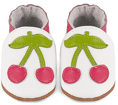 LACOFIA Chaussons en Cuir Souple Bébé Filles Chaussures Bébé Premiers Pas avec Semelle Souple Antidérapante Cerisier Blanc 6-12 Mois