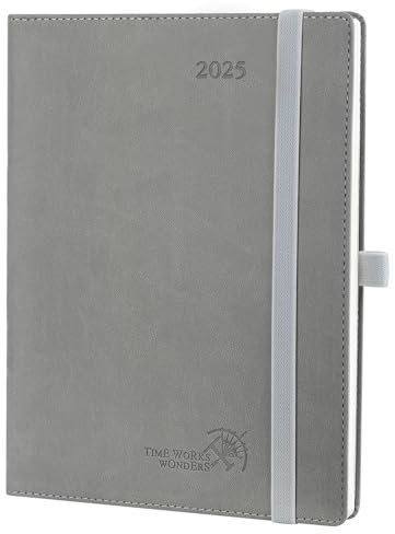 POPRUN Kalender 2025 Wochenplaner Softcover mit PU-Leder, ca. A5 (22 x 16,5 cm), 12-Monate-Terminplaner (Jan.2025-Dez.2025) 1 Woche 2 Seite mit 100 GSM Zertifiziertem Papier - Grau