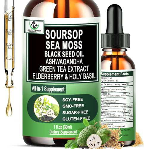 Soursop Drops,Soursop Bitters Liquid with Sea Moss Black Seed Oil Green Tea Extract Ashwagandha Elderberry Holy Basil-Multimineral&Vitamins Superfood Drops for Immune&Digestive & Cell Support