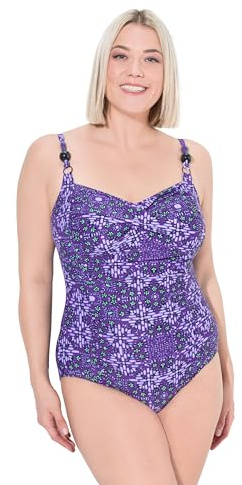 Ulla Popken Womenswear Plus Size Curvy Geometric Print Draped Front Sweetheart Neckline Swimsuit Lily 32 836615843-58