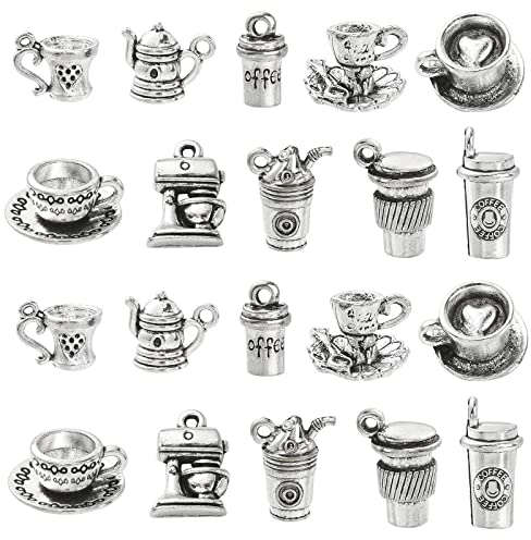 Ornazy Tibetan Mini Drink Charms - 50pcs, 10 Styles - Teapot, Tea Cup, Coffee Mug Charms - Antique Silver - DIY Craft