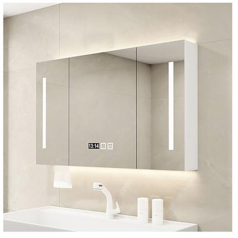 Armoire salle de bain avec miroir et LED,Armoire de Toilette avec Anti-buée Intelligent et Étagères Interrupteur Tactile Capteur, Armoire à pharmacie murale avec miroir,Dimmable,Organiseur en bois(Wit