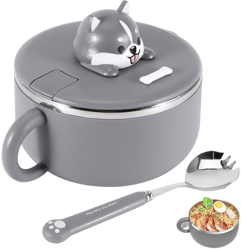 ZONJIE 1200ml Ramen Bowls, Stainless Steel Noodle Bowls with Lid and Spork Speedy Ramen Cooker Soup Bowls with Handles Heat Resistant Instant Serving Bowl Portable Salad Pasta Bowl for Home (Gray)