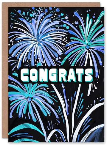 Artery8 Fireworks Display Blue on Black Painting Congrats Blank For Him Or Her Art Congratulations Card