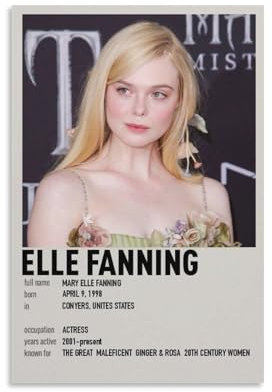 TULAOJI Elle Fanning Poster auf Leinwand, Kunstposter und Wandkunst, Gemälde, ungerahmt, 20 x 30 cm