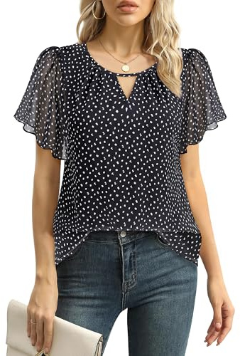 Gaharu Camicia da donna elegante a maniche corte, estiva, business, casual, scollo rotondo, maniche a volant, in chiffon, con fiori, A pois neri, L