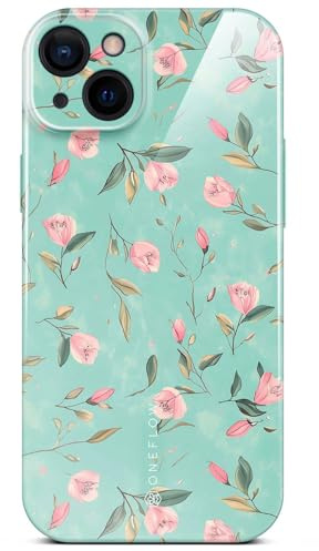 ONEFLOW Flower Cover für iPhone 14 Hülle in Floral Optik, Blumen Designer Case Handy Schutzhülle mit Kameraschutz, Hardcase dünne Handyhülle Blumenmuster, Mintgrün