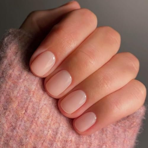 SXVME 48 Pcs Nude Pink Press on Nails Short Square Acrylic False Nails Short Coffin Natural Fake Nail Set Elegant Solid Color Full Cover Glossy Gel Stick on Nails for Women Daily Wear