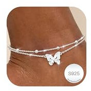 LOLIAS Fußkettchen für Damen Silber 925 Layered Fussketten für Frauen Silber 925 Wasserdicht Fußkette Damen Schmetterling Fusskettchen Silber 925 Damen Sommer Strand Schmuck Geschenk